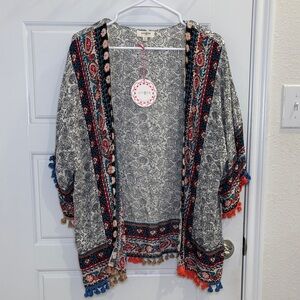 Umgee Boho Kimono Tassel Open Front Cardigan Size M/L NWT